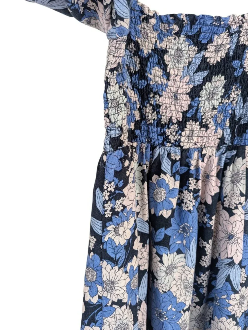 J.Crew Linen Day Dream Midi Dress Blue Zinnia Floral Puff Sleeves Petite Size MP